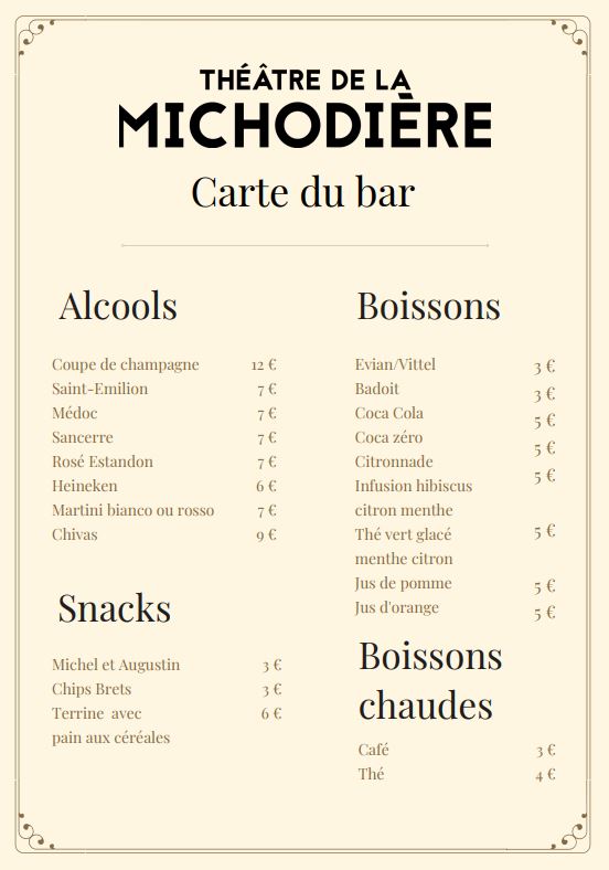 Carte bar théâtre de la Michodière
