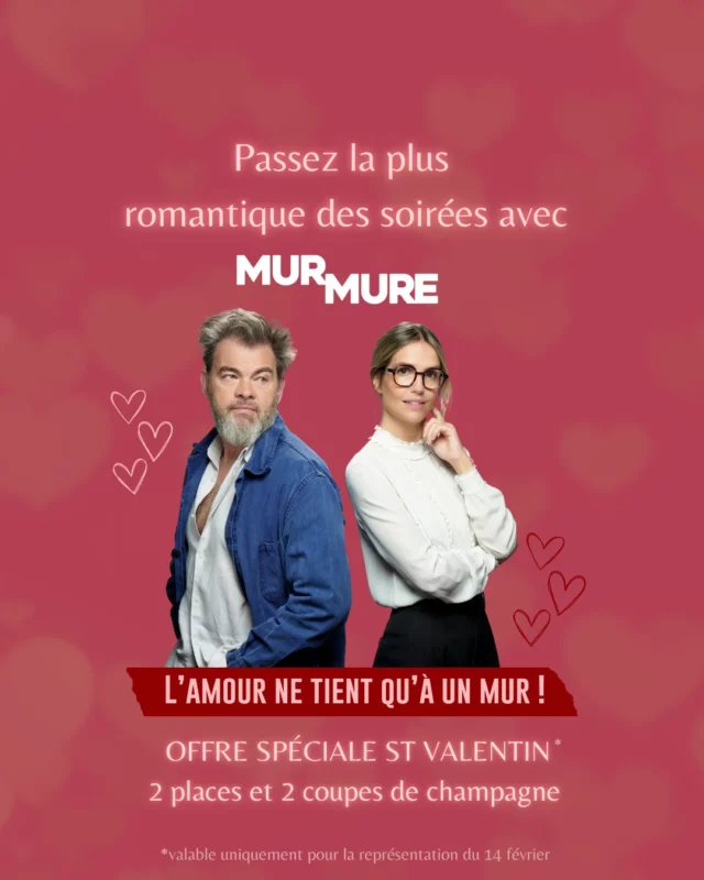 💜Offre spéciale Saint Valentin 💜

À l'occasion du 14 février, passez la plus romantique des soirées au Théâtre de la Michodière et découvrez "Mur Mure" ! Une pièce mêlant amour et humour avec une scénographie virevoltante et des personnages irrésistibles 🔥

Profitez dès maintenant de l'offre "2 places + 2 coupes de champagne" pour partager un moment unique avec un être cher ❤
Toutes les informations sur michodiere.com

💌Et pour compléter, offrez une touche personnelle à votre soirée théâtrale. Nous vous avons préparé des cartes de vœux spéciales, à envoyer à vos proches pour déclarer votre amour ! 

#saintvalentinesday #théâtre #saintvalentin #sortiraparis #14fevrier