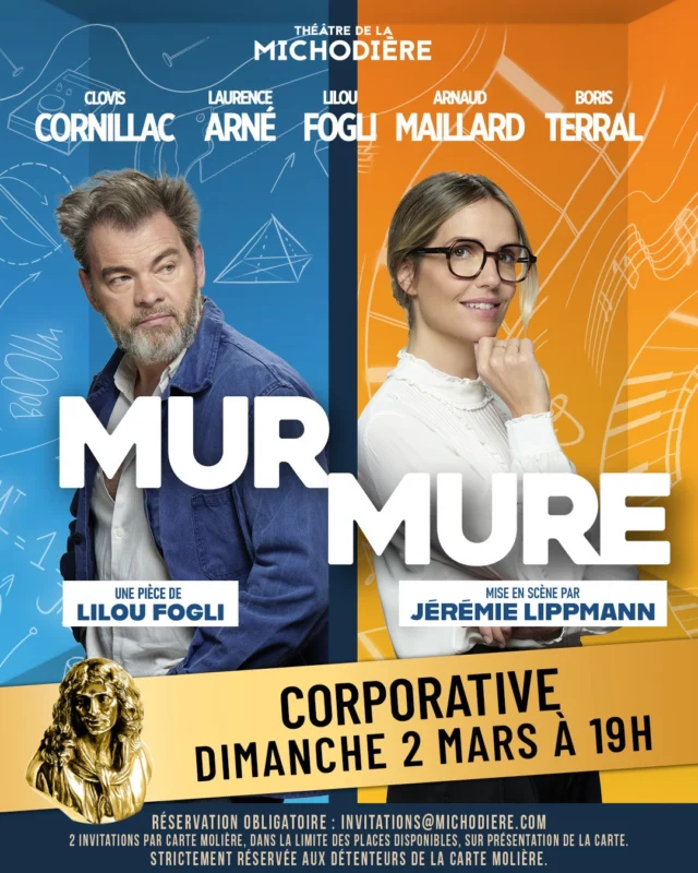 CORPORATIVE MOLIÈRE

Nous sommes ravis d'accueillir les détenteurs de carte Molière, le dimanche 2 mars à 19h au Théâtre de la Michodière pour la pièce Murmure !

Réservation obligatoire : invitations@michodiere.com

2 invitations par Carte Molière dans la limite des places disponibles, sur présentation de la carte. 

Strictement réservée aux détenteurs de la carte Molière. 

@stephaniebataille7