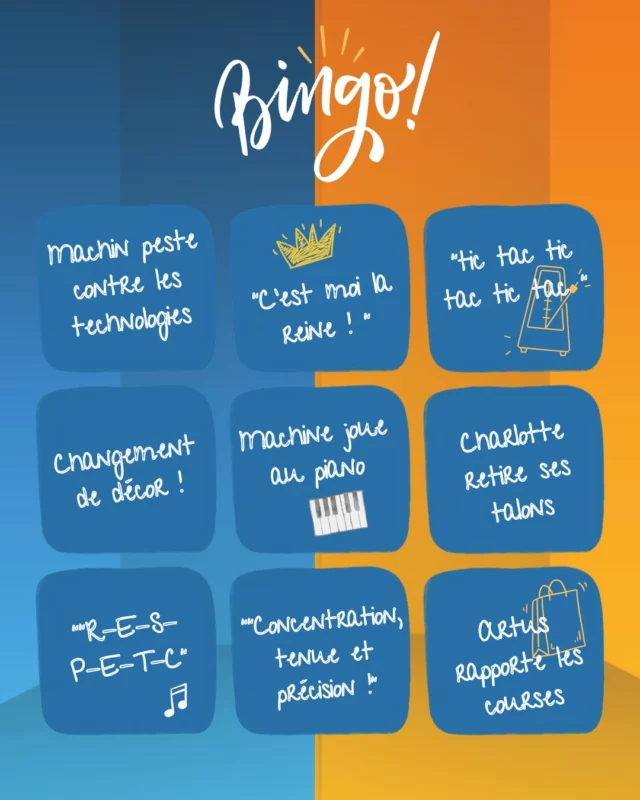 Bingo spécial "Mur Mure" ! 

Des répliques, des événements de la pièce se trouvent sur cette grille 😉
Si cela vous intrigue, qu'une solution... venez voir la pièce ! 

Une femme, un homme, deux appartements et un mur entre les deux.
💞 Découvrez Mur Mure, une comédie romantique qui traverse les cloisons.

🗓️Jusqu'au 11 mai 2025 ! 
Avec Clovis Cornillac, @laurencearne , @liloufogli , @arnaud_maillard_ et Boris Terral.
