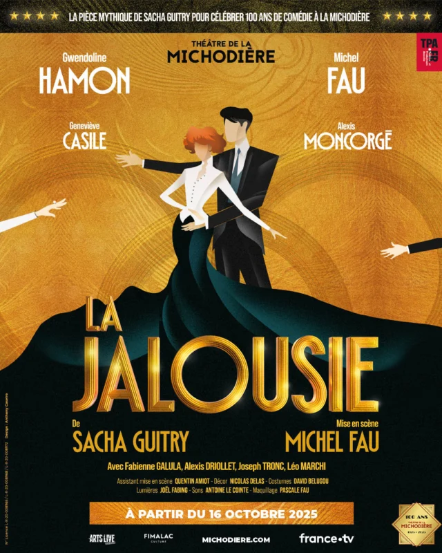 Une pièce mythique pour célébrer 100 ans de comédie à la Michodière ! ✨

Nous sommes très fiers de vous annoncer que la célèbre pièce de Sacha Guitry "La Jalousie" sera mise à l'honneur sur les planches de notre théâtre à partir du 16 octobre prochain. 🎭

L'histoire : 
Un fonctionnaire respectable rentre chez lui, il vient de tromper sa femme, et cherche toutes les excuses possibles pour expliquer son retard… C’est alors qu’il s’aperçoit que son épouse elle-même n’est pas encore rentrée ! Pris à son propre piège, il est alors submergé par une crise de jalousie incontrôlée, l’entrainant dans un délire obsessionnel fulgurant et dérisoire. 

Ce texte délicieusement cruel explore avec panache, dans la tradition du théâtre de boulevard, les tourments de l’amour-propre et les ressorts de la jalousie… Entre dialogues ciselés, paranoïa burlesque et revirements jubilatoires, Guitry s’amuse de l’hypocrisie et de la mauvaise foi, offrant au public une satire aussi drôle que mordante. 

Portée par une mise en scène élégante de Michel Fau, des costumes et des décors flamboyants, cette adaptation rend ainsi hommage à cette figure iconique du théâtre français.

Texte de Sacha Guitry
Mise en scène de Michel Fau

Avec @gwendol @michelfauofficiel @alexismoncorge , Geneviève Casile, Fabienne Galula, @alexis.driollet , @troncjoseph et @leleo_mar 

Assistant mise en scène : @qperso 
Décor : @nicolasdelas_ 
Costumes : @dbelugou 
Lumières : @joelfabing 
Sons : Antoine LE COINTE
Maquillage : Pascale FAU 

🎫Réservations sur www.michodiere.com
📍à partir du 16 octobre 2025 !

@richardcaillat_prod 
@artsliveentertainment 
@ichoupresse 
@stephaniebataille7