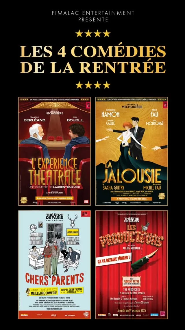 ⭐⭐ Les 4 comédies de la rentrée ⭐⭐

Découvez la programmation spéciale pour le centenaire du Théâtre de la Michodière
🤣"L'expérience Théâtrale" une comédie de Laurent Ruquier avec l'irrésistible duo François Berléand-Max Boublil
💑"La Jalousie", la pièce mythique de Sacha Guitry, mise en scène par Michel Fau

Découvrez la programmation du Théâtre de Paris
💥"Chers Parents", la comédie familiale explosive écrite et mise en scène par Armelle et Emmanuel Patron
✨"Les Producteurs", le spectacle musical hilarant de Mel Brooks mis en scène par Alexis Michalik

Rendez-vous au théâtre pour faire le plein d'emotions et de rires ! 

#theatre #programmation #michodiere #theatredeparis #sortiraparis #comedies #rire