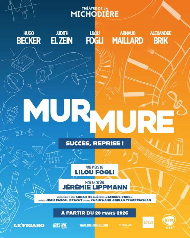 💛 Mur Mure est de retour ! 💙

Après le triomphe en 2025, la comédie romantique revient au Théâtre de la Michodière, avec un nouveau cast 🎭✨

Une pièce de Lilou Fogli
Mise en scène Jérémie Lippmann

Avec Hugo Becker, Judith El Zein, Lilou Fogli, Arnaud Maillard et Alexandre Brik

Comment deux personnes, que tout oppose, pourraient s’entendre, se rencontrer… sans se voir ?

Machin, inventeur loufoque et misanthrope assumé, n’a besoin que d’une chose : le silence absolu. Grâce à ses inventions aussi ingénieuses que saugrenues, il a toujours réussi à faire fuir ses voisins. Jusqu’au jour où Machine, une pianiste tout juste séparée, s’installe dans l’appartement mitoyen…

Une pièce adaptée du film « Un peu, beaucoup, aveuglément ».

Assistante mise en scène : @sarahgelle
Décors : Jacques Gravel
Lumières : Jean-Pascal Pracht
Costumes : @abellochouchane
Musique et son : David Parienti

Attaché de presse @ichoupresse

🏆 Billet d’Or décerné par Billet Réduc
✨ Nouveau casting, même magie
📅 Dès le 20 mars 2026
🎟️ Réservez vos places dès maintenant

#MurMure #Reprise #Théâtre #ComédieRomantique