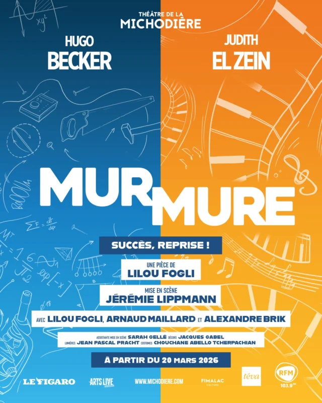 💛 Mur Mure est de retour ! 💙

Après le triomphe en 2025, la comédie romantique revient au Théâtre de la Michodière, avec un nouveau cast 🎭✨

Une pièce de Lilou Fogli
Mise en scène Jérémie Lippmann

Avec Hugo Becker, Judith El Zein, Lilou Fogli, Arnaud Maillard et Alexandre Brik

Comment deux personnes, que tout oppose, pourraient s’entendre, se rencontrer… sans se voir ?

Machin, inventeur loufoque et misanthrope assumé, n’a besoin que d’une chose : le silence absolu. Grâce à ses inventions aussi ingénieuses que saugrenues, il a toujours réussi à faire fuir ses voisins. Jusqu’au jour où Machine, une pianiste tout juste séparée, s’installe dans l’appartement mitoyen…

Une pièce adaptée du film « Un peu, beaucoup, aveuglément ».

Assistante mise en scène : @sarahgelle
Décors : Jacques Gravel
Lumières : Jean-Pascal Pracht
Costumes : @abellochouchane
Musique et son : David Parienti

Attaché de presse @ichoupresse

🏆 Billet d’Or décerné par Billet Réduc
✨ Nouveau casting, même magie
📅 Dès le 20 mars 2026
🎟️ Réservez vos places dès maintenant

#MurMure #Reprise #Théâtre #ComédieRomantique