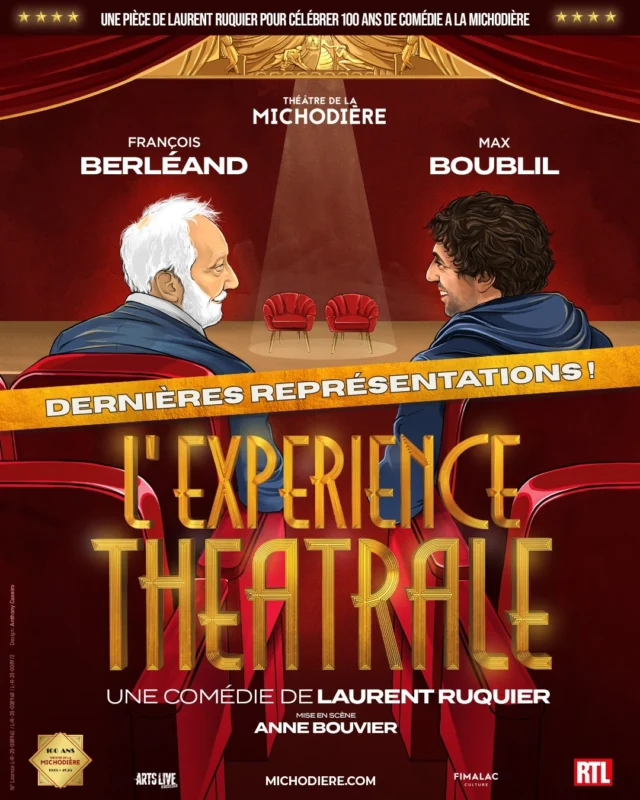 🌟 Ne manquez pas les 10 dernières représentations de "l'expérience Théâtrale" ! 

Une comédie de @ruquierlaurent avec @maxboubliloff et François Berléand 

Un hommage au théâtre, aux acteurs comme au public. Des superstitions, des règles, des rivalités, des anecdotes, des petits secrets… seront révélés et seront surtout des prétextes pour s’en amuser tous ensemble !

🎫 Soyez les premiers aux dernières ! (billetterie en bio)