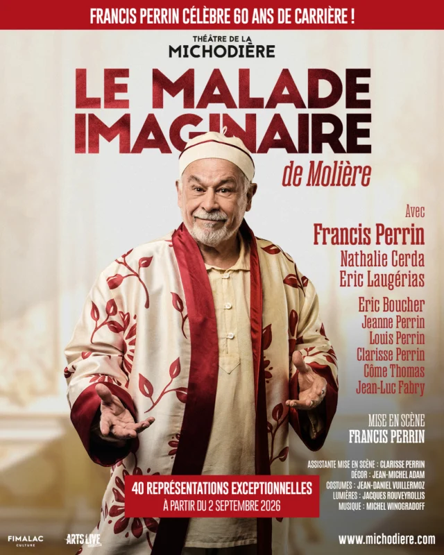 Quelle joie d'enfin vous l'annoncer ! 📣

Avec plus de 10 000 représentations à son actif, Francis Perrin célèbre ses 60 ans de carrière en montant et jouant un auteur qui l’a accompagné tout au long de sa vie : Molière ! 🎭
C'est accompagné de sa famille et de ses amis qu'il signe sa dernière mise en scène avec « Le Malade Imaginaire » à partir du 2 septembre 2026. 

Argan, riche bourgeois est convaincu d’être gravement malade. Obsédé par les traitements et les médecins, il décide de marier sa fille Angélique à Thomas Diafoirus, jeune médecin ridicule, afin d’avoir un praticien attitré à domicile. 
Angélique aime pourtant Cléante, qu’elle croit maître de musique. Autour d’eux gravite une galerie de personnages comiques : Béline, la seconde épouse intéressée, Béralde, le frère raisonnable, et surtout Toinette, la servante vive et lucide. 
Pour ouvrir les yeux d’Argan, Toinette se déguise en médecin et pousse l’absurdité médicale à l’extrême. 

Avec Francis Perrin, Nathalie Cerda, @ericlaugerias, @ericboucher9, @aglaonemal, Louis Perrin, @clarisseprn, @come.thms et Jean-Luc Fabry
 
Mise en scène : Francis Perrin 

Assistante mise en scène : Clarisse Perrin
Décor : Jean-Michel Adam
Costumes : @jeandanielvuillermoz 
Lumières : @jacques_rouveyrollis assisté de Jessica Duclos 
Musique : @michelwinogradoff

Conception de l’affiche et photo :
@kbstudiosparis 

#theatreparis #moliere #francisperrin