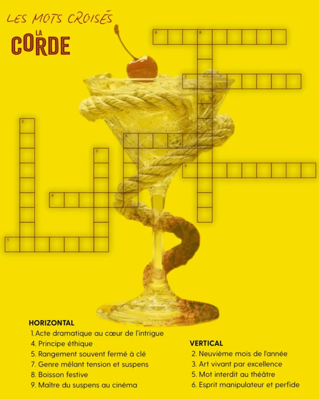Jeu concours de l'été ☀️

Sauriez-vous retrouver les mots cachés derrière ces définitions 🧐

⬇️ Donnez vos réponses en commentaire en mentionnant le numéro, suivi du mot à deviner (pour le 5, préciser horizontal et vertical)

La première personne a avoir déchiffré la grille complète remportera 2 places* pour la pièce La Corde à la rentrée ! 🎫

Tentez votre chance 🍀 

🎭La Corde
📍 Studio Marigny
📅 Dès le 24 septembre

*toutes les modalités seront précisées à l'annonce du ou de la gagnante