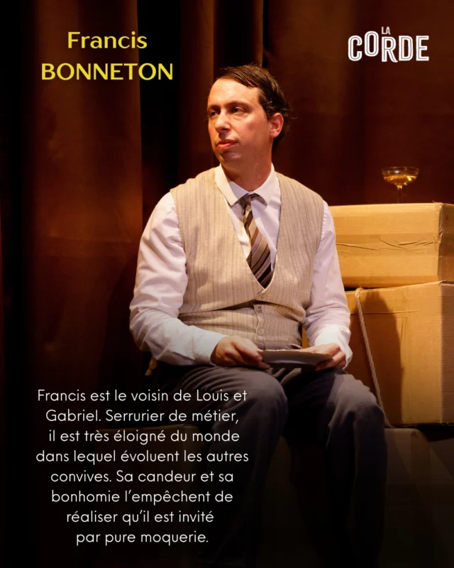 Découvrez en davantage sur le personnage de Francis Bonneton, interprété sur scène par @martin_karmann 

LA CORDE, adaptée de la pièce "Rope" de Patrick Hamilton, par @liloufogli et Julien Lambroschini, dans une mise en scène de @guypierrecouleau

photos @bertexertier