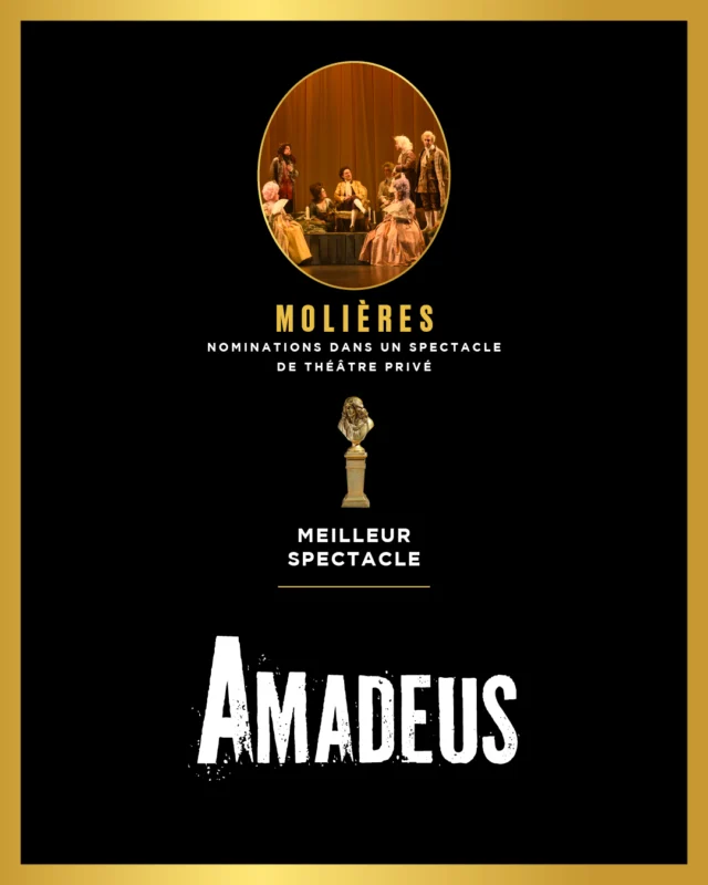 ✨ AMADEUS est nommé aux Molières 2026 de Théâtre Privé.

4 nominations qui viennent distinguer le travail des équipes :

•	Meilleur Spectacle de théâtre privé
•	Meilleur Comédien pour Jérôme Kircher
•	Meilleure Création visuelle et sonore
•	Meilleure Mise en scène pour Olivier Solivérès
Une attention qui nous touche, et que nous sommes heureux de partager. 🩵

📍Au Théâtre Marigny, du mercredi au jeudi à 20h, du vendredi au samedi à 21h, dimanche à 15h . theatremarigny.fr

Mise en scène @oliviersoliveres 
Avec Jérôme Kircher, @thomassoliveres @lisonpennec Eric Berger @flore.philis @alziarymarjolaine @jade.rbnt @lasiecinska @laurentdolce1 Philippe Escudié @romainpascal1 @lorenzoarcaro @artusmael @simonetloic