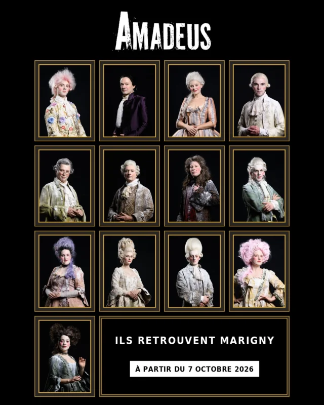 ✨ Amadeus revient au Théâtre Marigny.

Ils ont fait vibrer la scène de Marigny la saison dernière. Ils sont bientôt de retour pour poursuivre l’aventure. 
Dès le 7 octobre 2026, retrouvez la troupe d’Amadeus pour 55 représentations exceptionnelles. 
Une fresque théâtrale spectaculaire, portée par Jérôme Kircher, Molière 2026 du Meilleur comédien, Thomas Solivérès et toute la troupe. 

📍Au Théâtre Marigny, du mercredi au jeudi à 20h, vendredi à 21h, samedi à 16h30 et 21h, dimanche à 15h.
🎟️ Billetterie ouverte – réservez vos places dès maintenant

📸 : @delaplacedavid 

Mise en scène @oliviersoliveres 
Avec Jérôme Kircher, @thomassoliveres  @lisonpennec , @thomasfitterer_thomasfitterer , @flore.philis  @alziarymarjolaine  @jade.rbnt  @lasiecinska  @laurentdolce1  Philippe Escudié @romainpascal1  @lorenzoarcaro  @simonetloic