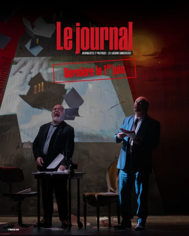 Il ne vous reste que quelques jours pour voir "le journal" ⚡

Une pièce drôle et noire aux dialogues incisifs qui explore les liens tendus entre les mondes de la politique et de la presse d’aujourd’hui. 

📅 Dernière représentation : le dimanche 1er juin
📍 Théâtre de Paris

Avec @brunoputzuluofficiel, Bruno Debrandt, @carolinajurczak, @claverie.olivier et @bernardmalaka 
Mise en scène @anne.bouvier0444 
Texte @antoinebeauquier 

📷 @beatricelivet 

@richardcaillat_prod @stephaniebataille7 @fimalac_entertainment

#BrunoPutzulu #Dernière #ThéâtreDeParis #BrunoDebrandt #Thriller #Théâtre
