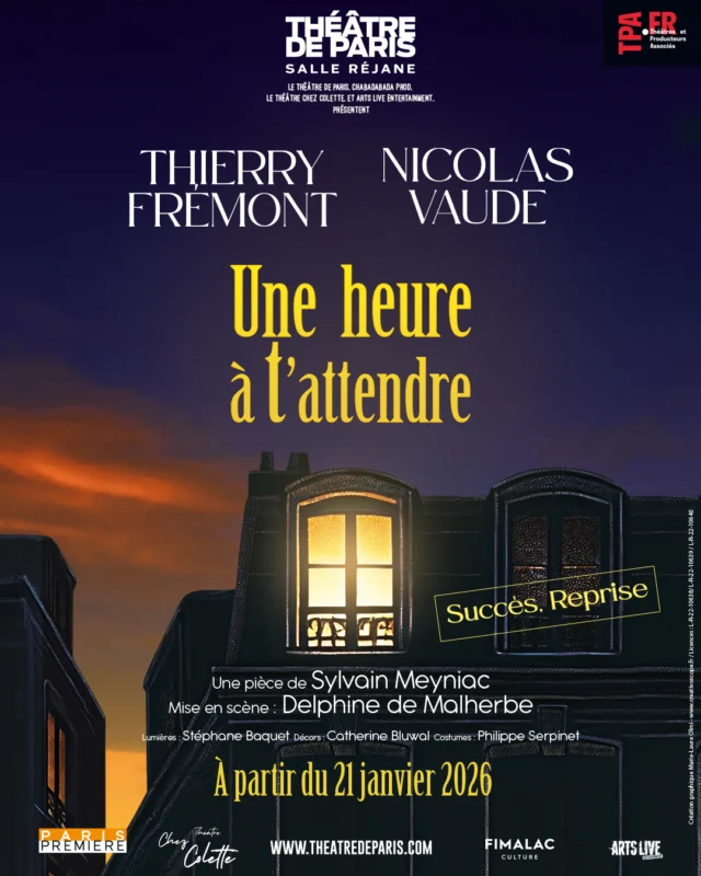 📣 Après le succès de la pièce au Théâtre de l’œuvre, Thierry Frémont et Nicolas Vaude reviennent au Théâtre de Paris pour la reprise d’« Une heure à t’attendre » de Sylvain Meyniac à partir du 21 janvier !

👉 Dans un appartement sous les toits, coupés du monde, deux hommes que tout oppose, cohabitent. Elle n’est pas là, pas encore. Pourtant, tout en elle résonne dans la pièce : son parfum dans l’air, son nom sur les lèvres, son souvenir dans les regards.

Une heure à l’attendre.

Durant soixante-dix minutes, les silences pèsent autant que les mots, révélant progressivement les failles et les vérités de chacun. Cette pièce interroge avec subtilité sur la notion de l’attente, les projections amoureuses et la perception de l’autre.

Entre tendresse et vérité, ce duel intime capte l’attention du spectateur jusqu’au dernier instant, dans une partition délicate et troublante.

Une pièce de @sylvain.meyniac
Avec @thierry.fremont et @nicolas_vaude

Mise en scène : @delphinedemalherbeofficiel 
Décors : Catherine Bluwal
Lumières : Stéphane Baquet
Costumes : Philippe Serpinet
Attaché de presse : Pierre Cordier

#quefaireàParis #sortiràParis #théâtreparis