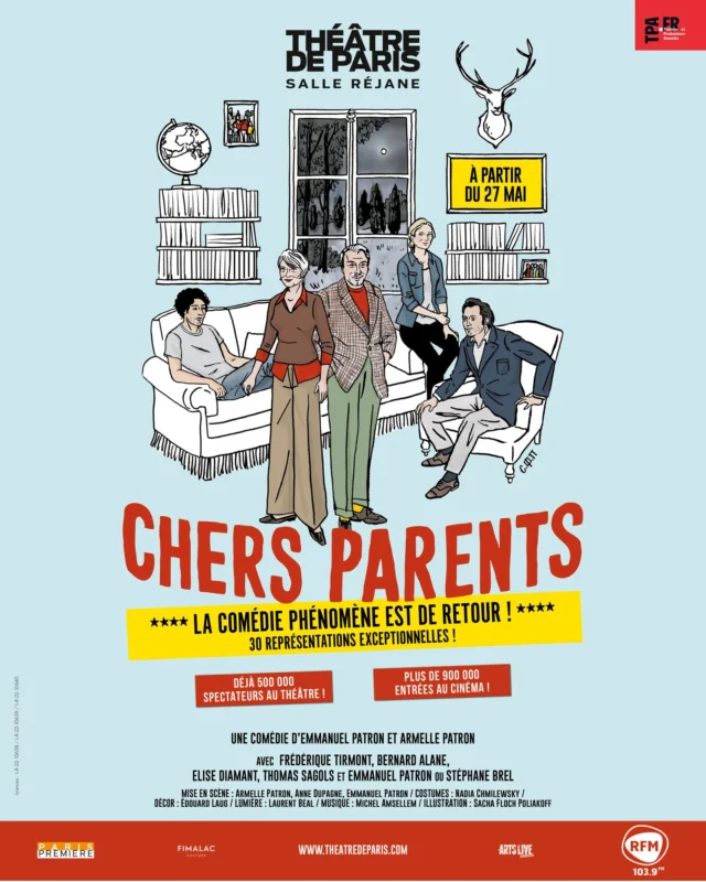 Après 5 ans de succès au théâtre avec plus de 500 000 spectateurs, et un triomphe au cinéma avec plus de 900 000 entrées, la comédie phénomène « Chers Parents » de @emmanuelpatron1  et Armelle Barnier est de retour au Théâtre de Paris pour 30 représentations exceptionnelles à partir du 27 mai 2026 ! 

Cette saison, retrouvez sur scène @ftirmont, Bernard Alane, @elise.diamant, @thomassagols, @emmanuelpatron1 et @stephane_brel 

Les enfants de la famille Gauthier, Pierre, Jules et Louise, s’adorent et aiment profondément leurs parents. Alors, lorsque ces derniers leur demandent de venir les rejoindre d’urgence, ils ont quelque chose de très important à leur annoncer, les trois enfants bouleversés se précipitent craignant le pire. Mais le pire n’a pas lieu, du moins pas tout de suite, et la merveilleuse nouvelle que leur annoncent Jeanne et Vincent va faire voler en éclats la belle unité familiale… faisant ardemment souhaiter aux trois rejetons ce qu’ils redoutaient le plus en arrivant quelques heures plus tôt ! 

« Chers Parents » est une comédie qui parle de la famille, d’amour, d’argent, de la place de chacun dans la fratrie, de l’impermanence des sentiments, de la part d’ombre qui sommeille en chacun de nous et de ce que les parents doivent à leurs enfants.

#chersparents #theatreparis