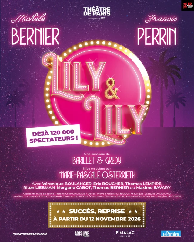 Après le succès de la première saison à Paris et en tournée, avec plus de 120 000 spectateurs, retrouvez Michèle Bernier et Francis Perrin sur les planches du Théâtre de Paris dans « Lily et Lily », mise en scène par Marie-Pascale Osterrieth à partir du 12 novembre !

✨ Hollywood, 1935. Lily Da Costa, star incontournable dont le talent n’a d’égal que son goût immodéré pour le luxe, l’alcool et les hommes, est assaillie par la presse et son entourage cupide et intéressé.
Deborah, sa sœur jumelle un peu gourde, épouse effacée d’un austère pasteur du Minnesota, quitte ses poules et ses patates douces, bien décidée à venir sauver l’âme de sa sœur et la remettre dans le droit chemin.
L’une et l’autre, copies conformes, seront amenées à se remplacer…

La pièce mythique de Barillet et Gredy, jouée par Jacqueline Maillan en 1985 revient dans une version revisitée et moderne, pour enchanter une nouvelle génération de spectateurs.

🎭 Une comédie de Barillet et Gredy
Mise en scène de @marie_pascale_osterrieth
Avec @michelebernierofficiel, Francis Perrin, @veroniqueboulanger_, @ericboucher9, @thomaslempire, @ritonliebman, @morganecabot, @thomasbernier_t ou @maxime.savary_ 
Assistante mise en scène : @helene.chrysochoos
Décor : Pierre-François Limbosch
Lumière : Laurent Castaingt et Thomas Giubergia
Costumes : Charlotte David et Nathalie Paillon
Musique : Jacques Davidovici
Son : Antoine Le Cointe
Attachés de presse : @nicolesonneville et @mathieugarraialde

#theatreparis #quefaireàparis #MichèleBernier